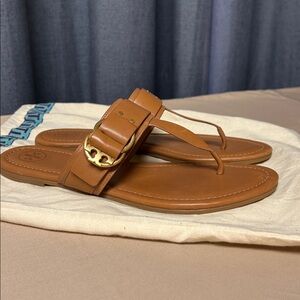 Tory Burch MarsdenTan Leather Thong Sandals with Gold Accent Size 9